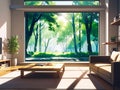 Modern Living Room with Panoramic Forest View[GenerativeAI] Royalty Free Stock Photo